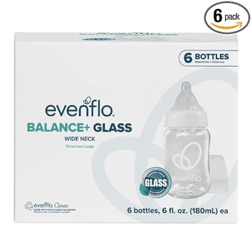 Evenflo Balance+ Glass Wide Neck Baby Bottles, Clear, 6 fl oz, 6 Pack