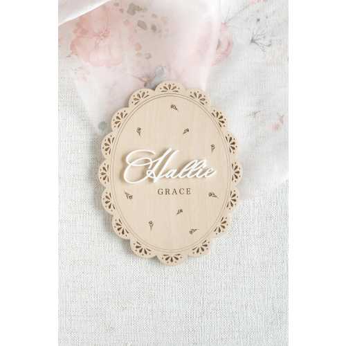 Floral Scallop Baby Name Announcement Sign: Engraved Wood Plaque with Coquette Chiffon Ribbon