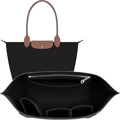 Felt Longchamp Bag Organizer Insert Compatible with Long Champ Le Pliage L Tote Bag & M Handbags, Zipper Purse Organizer Insert with Cup Holder, 8 Compartments, Custom Divider (Black,L)