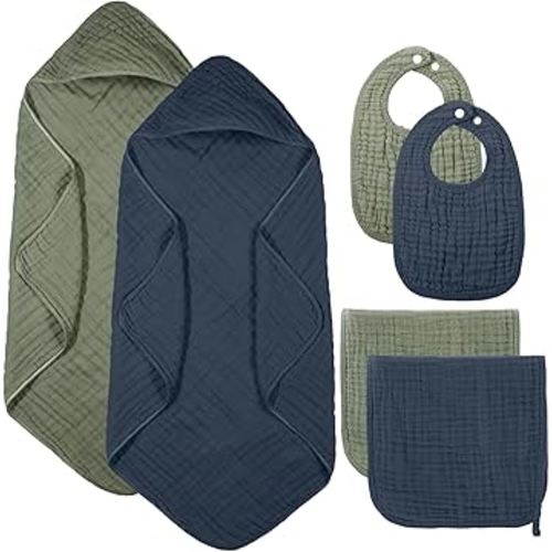 6 Pcs Muslin Hooded Bath Towels Washcloths and Bibs Set, Muslin Cotton Baby Towels Absorbent Hooded Blanket Towel Infant Bibs for Boys Girls Newborn Infant Essentials(Blue, Green)