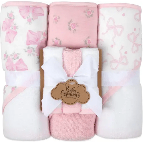 Hooded Baby Bath Towel and Washcloth 6 Piece Set for Newborns, Infants & Toddlers, Boys & Girls Baby Hooded Towels Set (Pink Bows and Flowers)