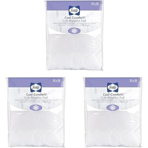 Sealy Baby Cool Comfort Cooling Breathable Waterproof Crib Mattress Protector Pad, Toddler Bed Cover, Infant and Newborn Durable Comfortable Topper, Machine Washable and Dryer Friendly, 52x28”- White