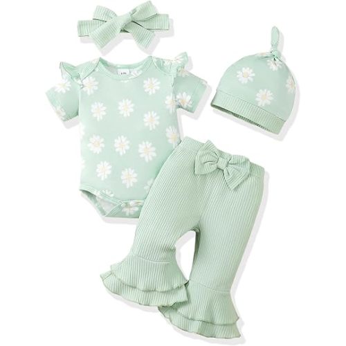 Renotemy Newborn Baby Girl Clothes Infant Romper Spring Summer Outfits Gifts Bell Bottoms Pant Sets for Girls Preemie-12Month