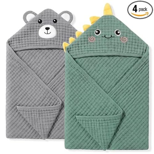 4 PCS Muslin Baby Bath Towels Set for Boys & Girls, Dinosaur & Bear | 100% Cotton 2 Hooded Baby Towels 32x32 Inch & 2 Washcloths 10x10 Inch, Ultra Absorbent & Soft Infant Essentials Shower Gifts