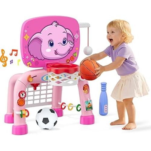 Toddler Basketball Hoop & Soccer Goal Tball Set, Kids Sport Toys with Light & Sound, Musical Activity Center Toys for 1 2 3 Years Old Girls, Christmas Birthday Gifts for Baby 12-18 Months