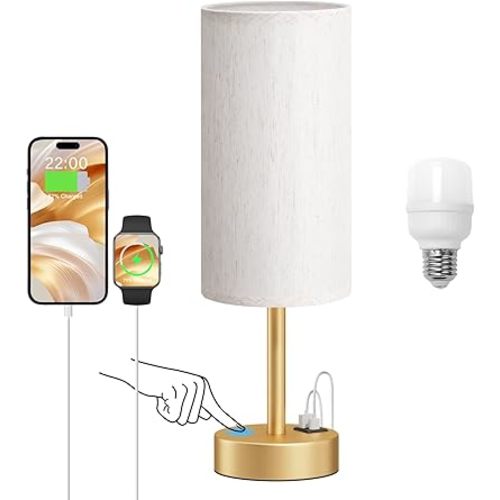 Dicoool Elegant Gold Touch Table Lamp, Modern Wedding Gift for Couples, Bedside Lamps with USB-C USB-A Charging Ports, 3 Way Dimmable Small Lamp for Office, Bathroom, Living Room，Christmas Gift