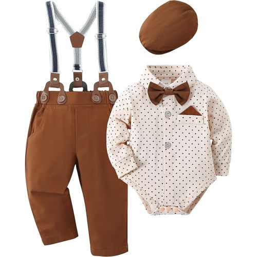 DISAUR Baby Boy Clothes Suits 4PCS Gentleman Outfit Dress Romper Beret Hat Suspender Pants Bow Tie Wedding Set
