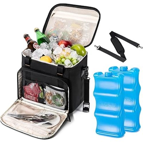 Soft Cooler Bag with Two Ice Packs,Collapsible Cooler for Travel with Adjustable Shoulder Strap,Large Capacity Leakproof Insulated Soft Sided Cooler Bag for Camping, Hiking, Picnic