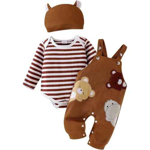 FOCICI Baby Boy Clothes 0-3 Months Newborn Long Sleeve Striped Romper + Cartoon Adjustable Suspender Overall Fall Winter Outfits + Cute Hat Khaki 0-3 Months