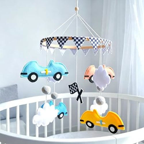 Felt Race Car Baby Crib Mobile, Wooden Hanging Nursery Decor for Baby Boys