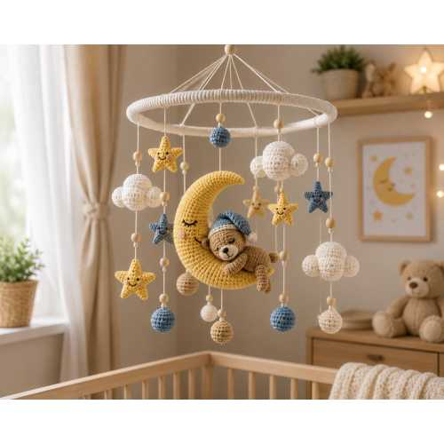 Baby Mobile Crochet Pattern - Baby Mobile, Nursery Mobile, Crochet Cloud, Crochet Moon, Crib Mobile, Nursery Decoration, Amigurumi Teddy