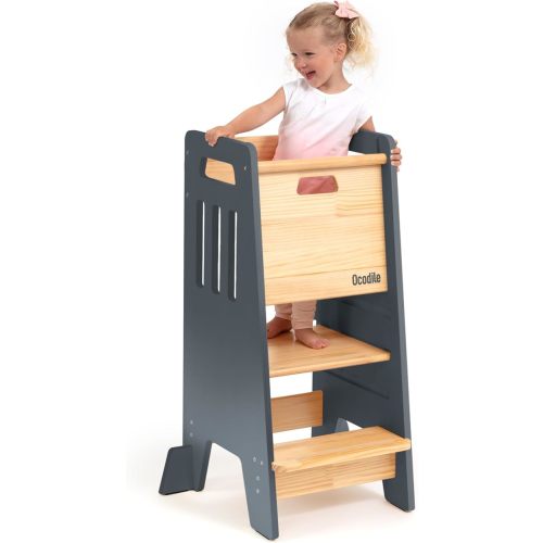 OCODILE Toddler Tower with a Sliding Door and 3 Adjustable Heights - Safe Toddler Kitchen Stool Helper with Support Feet - Updated Design for 18+ Months to 6-Year-Old Kids - Gray