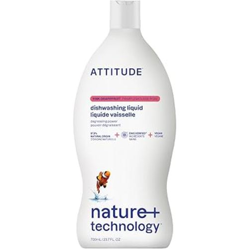 ATTITUDE Dish Soap, EWG Verified, Plant-Based & Vegan Dishwashing Liquid, Naturally Derived, Pink Grapefruit Scent, 23.7 Fl Oz