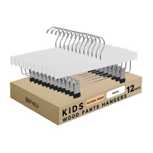 BP4U 12-Pack Kids 12" Wooden Hangers, Maple Toddler & Baby Clothes Hangers with Adjustable Silent Clips and No-Mark Sleeves - White