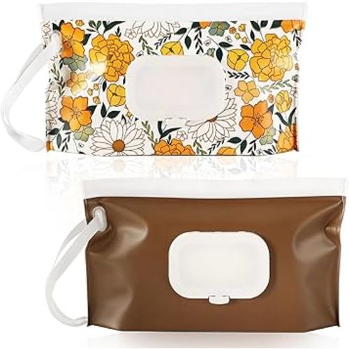 FEBSNOW 2 Pack Baby Wipes Dispenser, Portable Refillable Wipe Holder Baby Wipes Container Travel Wipes Case Reusable Wet Wipes Pouch (Floral, Brown)