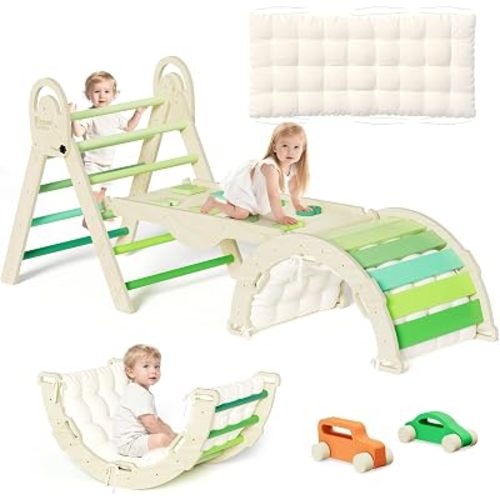 ElegantCrafts Pikler Triangle Set with Cushion, Montessori Climbing Set, Indoor Climb Toys, Indoor Playground Jungle Gyms, 9 Combinations Climbing Toy Set for Toddler, Baby, Kids 1-4
