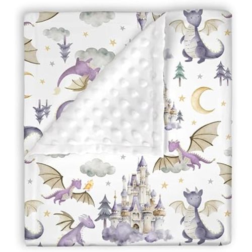 Mink Baby Girls Blankets Cute Purple Dragon Tale, Whimsical Castle Moon Cloud Star Soft Double Layer Dotted Backing Receiving Swaddle, Newborn Infant Toddler Nursery Crib Bedding 30 x 40