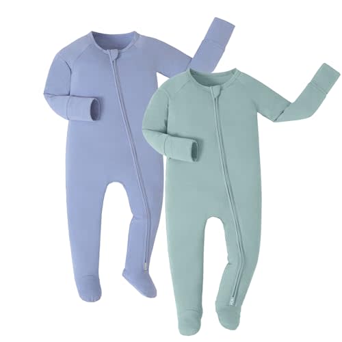 JunNeng Viscose from Bamboo Baby Sleeper,Newborn Footie Pajamas with 2 Way Zipper & Fold Over Mittens,0-12M