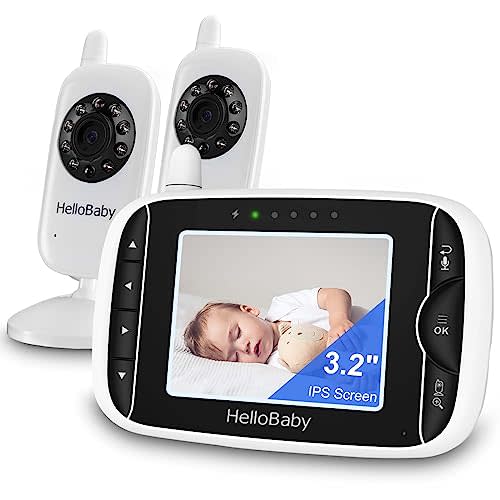 HelloBaby Baby Monitor with 2 Cameras, Baby Monitor No WiFi, Night Vision, 2-Way Audio, Remote Pan & Tilt, 2X Zoom, ECO Mode, 8 Lullabies, Sound Activated Screen