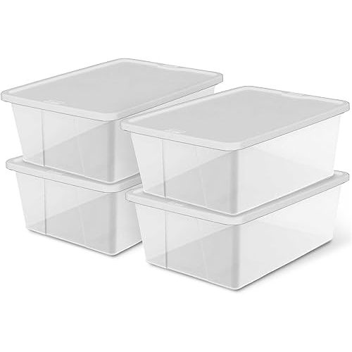 HOMZ 4-Pack Snaplock, Small Clear Plastic Storage Organizer Bins w/Lids, 12 Quart, White - Stackable Container Boxes for Bedroom, Bathroom, Garage, and Office Organization