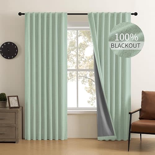 CUCRAF Linen 100% Blackout Curtains 63 Inch Length 2 Panels Set, Back Tab and Rod Pocket Curtain for Living Room Bedroom, Room Darkening Window Drapes Thermal Insulated, (52x63 inch, Sage Green)