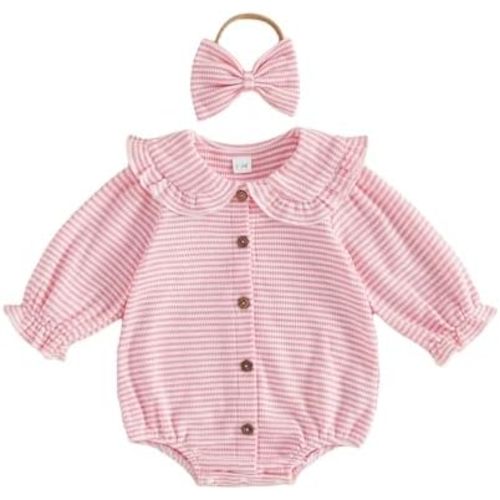 Newborn Baby Girl Waffle Romper Striped Peter Pan Collar Long Sleeve Button Up Bodysuit Cute Fall Outfit 0 3 6 12 18M