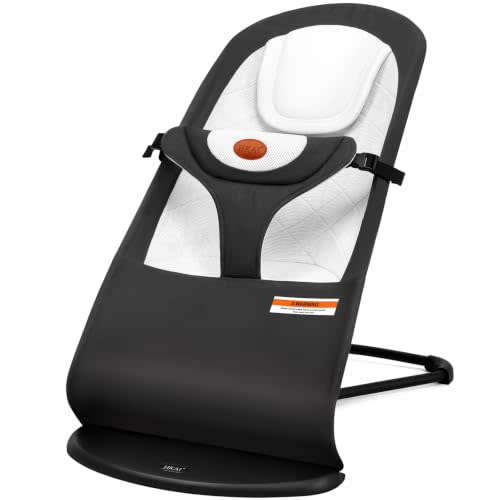 HKAI Baby Bouncer Seat for Babies 0-12 Months, Portable Infant Rocker Chair with Built-in Headrest Area, Soft Breathable Fabric, 3-Position Adjustable Backrest, Safety Harness