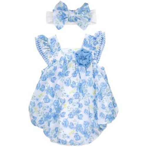 Baby Essentials Baby Girl Romper with Headband, 100% Polyester Infant Outfit for 3 to 9 Months, Spring Summer Baby Clothes