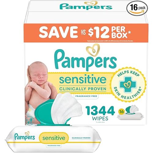 Pampers Baby Wipes, Sensitive, Water Based Wipe, Clinically Proven, Hypoallergenic, and Unscented for Babies, 1344 Wipes Total (16 Flip-Top Packs) [Packaging May Vary]