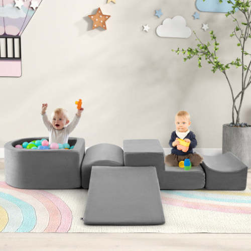 5-Piece Climb and Crawl Playset With Ball Pit for Kids-Gray
