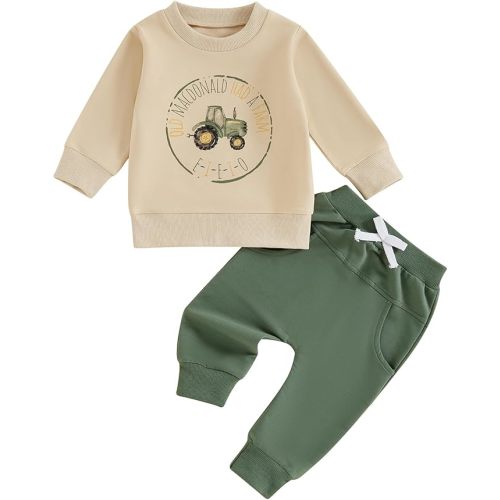 FOCUSNORM Toddler Baby Boy Fall Winter Outfit Excavator Embroidered Long Sleeve Sweatshirt Elastic Jogger Pant 2 Pcs Clothes