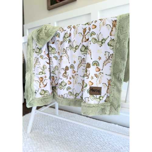 Personalized Minky Dragon Blanket: Beige Green Nursery Decor
