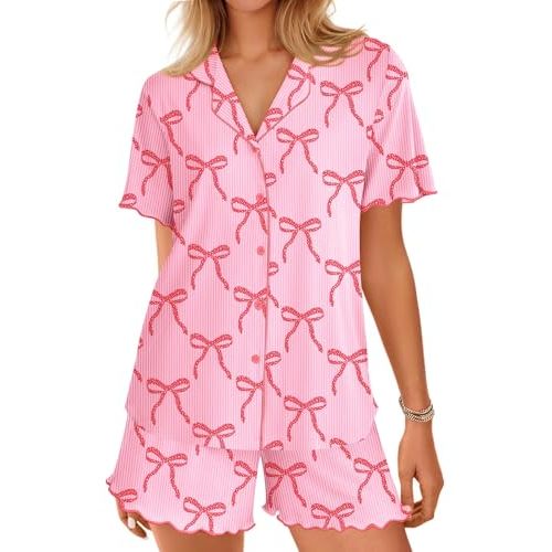 Ekouaer Button Up Pajamas Set for Women Short Sleeve Ribbed Knit Sleepwear 2 Piece Pjs Shorts Set
