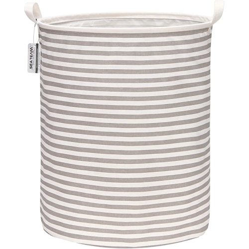 Sea Team 19.7 Inches Large Sized Waterproof Coating Ramie Cotton Fabric Folding Laundry Hamper Bucket Cylindric Burlap Canvas Storage Basket (19.7", Grey & White Stripe)