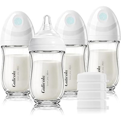 Gulicola Natural Glass Baby Bottle 4 Pack, Newborn Breastfeeding Bottles Set, Extra Slow Flow Nipples (SS), Anti Colic, 0 Months+, 5 oz - White