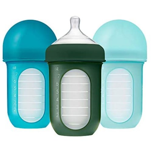 Boon, NURSH Reusable Silicone Pouch Bottle, Air-Free Feeding, 8 Ounce with Stage 2 Medium Flow Nipple (Pack of 3), Blue