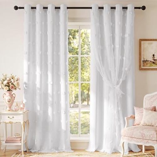 RYB HOME 100% Blackout Double Layer Pom Pom Curtains 96 Inch for Nursery