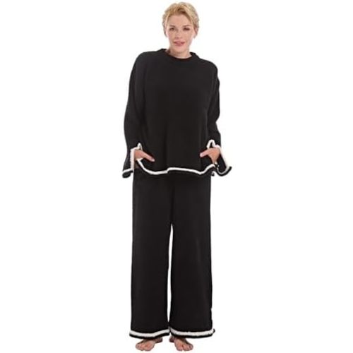 Women’s 2 Piece Fleece Fuzzy Pajamas Long Sleeve Crewneck Wide Leg Winter Sherpa Lounge Sets For Women Knit