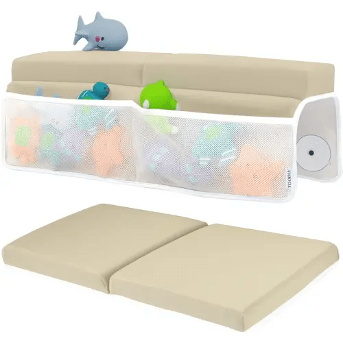 Comfortable Baby Bath Kneeler and Elbow Rest Pad Set – Thick Memory Foam Bath Kneeling Pad with Elbow Support – Baby Bathtub Cushion with Toy Organizer for Bathing Infant or Toddler - Beige