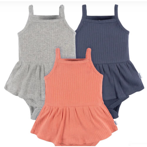 3-Pack Baby Girls Coral, Gray, & Navy Sleeveless Skirted Onesies® Body – Gerber Childrenswear