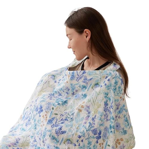 TILLYOU Muslin Nursing Cover for Baby Breastfeeding, 100% Cotton Breathable with Arch Neckline for Women, Blue Flower