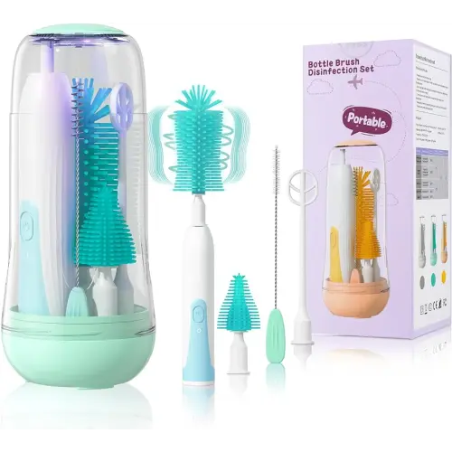 Electric Travel Baby Bottle Brush Set with Storage Box, Automatic Bottle Cleaner Brush Kit with Silicone Bottle/Nipple/Straw Brush, Milk Frother Electric and Drainage Rack, Rechargeable, Green
