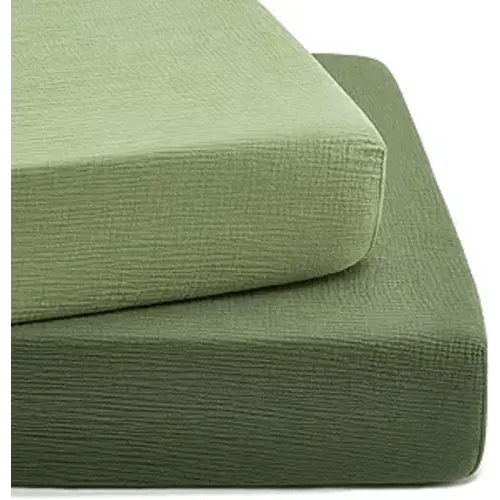 TILLYOU 2 Pack Muslin Crib Sheet for Boys and Girls - 100% Cotton Fitted Crib Sheet for Toddler Standard Crib Mattress, Soft and Breathable, 52"x28", Forest Green&Light Green
