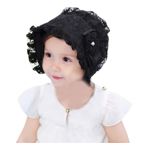 Baby Girl Bonnet Eyelet Lace Cap Sun UV Protection Breathable Cotton Adjustable Baptism Christening Hat Seersucker Bonnet Cap Black