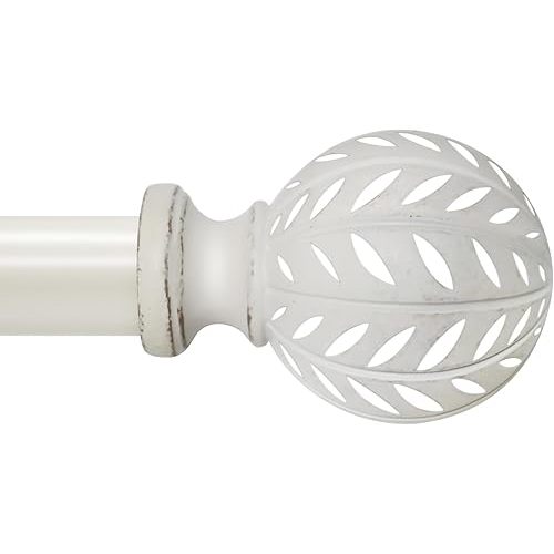 Weathered White Curtain Rod for Windows 48 to 84 Inches(4-7 ft)，1'' Diameter Heavy Duty Adjustable Curtain Rod with Leaf Pattern Finials - for Living Room, Bedroom,etc 36-88''