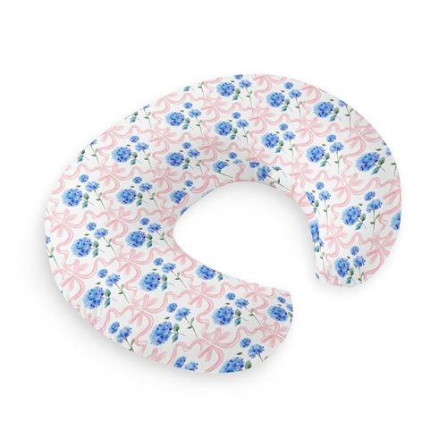 HawSkgFub Pink Bow Hydrangea Floral Nursing Pillow Cover for Baby Girls Shower Gift, Boho Blue Flowers Ribbon Breastfeeding Pillow Slipcover, Nursing Pillowcase for Newborn Infant, Cover Only
