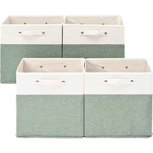 FinishingBo 13 x 13 Inch Fine Linen Storage Bins with Handles,Fabric Cube Boxs,Basket Organizers for Shelves for Home, Closet Drawers (White/Green-4 Pack )