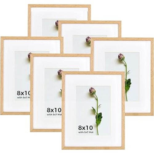 8x10 Picture Frame Set of 6 Solid Oak Wood Photo Frames with Plexiglass Display Picture 5x7 with mat or 8 x 10 without mat Tabletop or Wall Hanging Collage Gallery Wall Decor