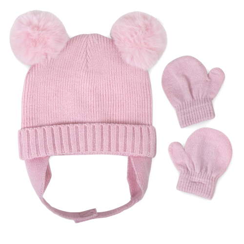 Baby Essentials Stretch Knit Fleece Insulated Trapper Hat with Pom Poms, Ear Flaps, Velcro Closure Chin Strap and Matching Pair of Mittens for Newborn, Infant and Toddler Girls 0 – 12 Months in Pink