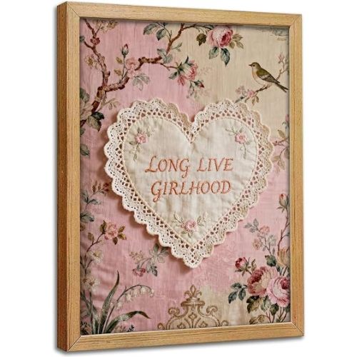 Framed Long Live Girlhood Pink Floral Heart Canvas Wall Art 8x10 Inch